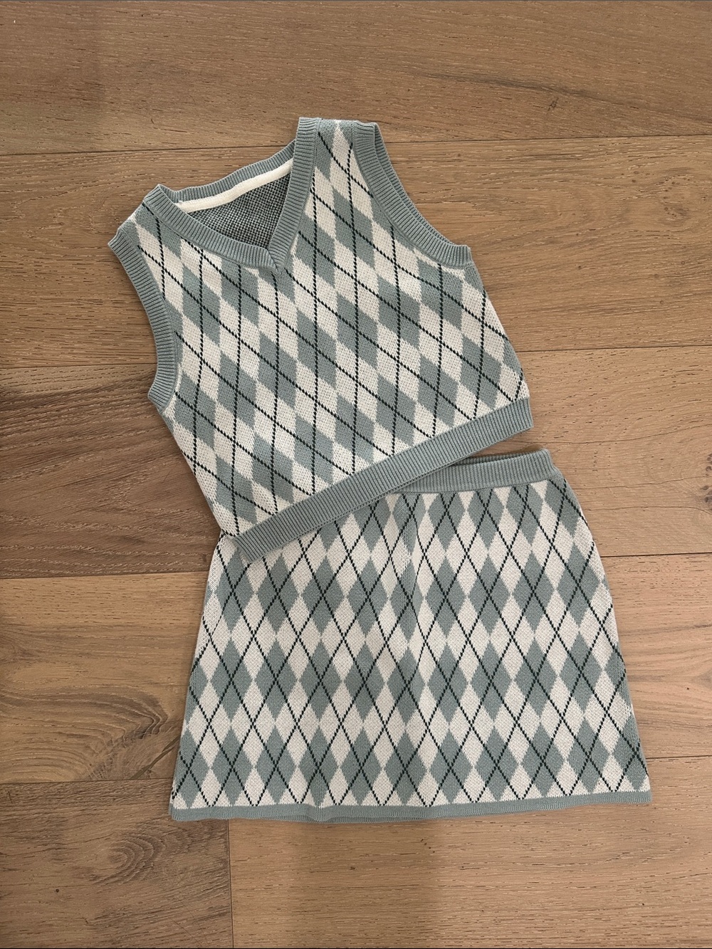 Argyle Knit Tank and Skirt Set - Light Green & White - Kids
